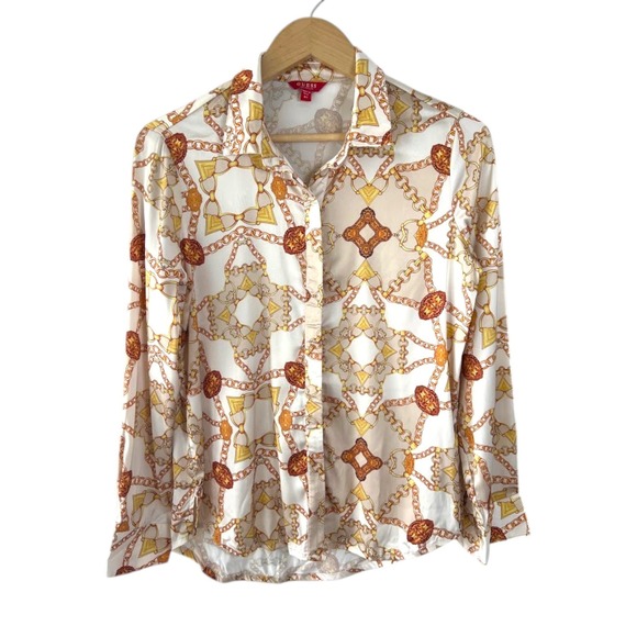 Guess Tops - Guess Chain Print Button Front Blouse Womens XS Ivory Gold Long Sleeve